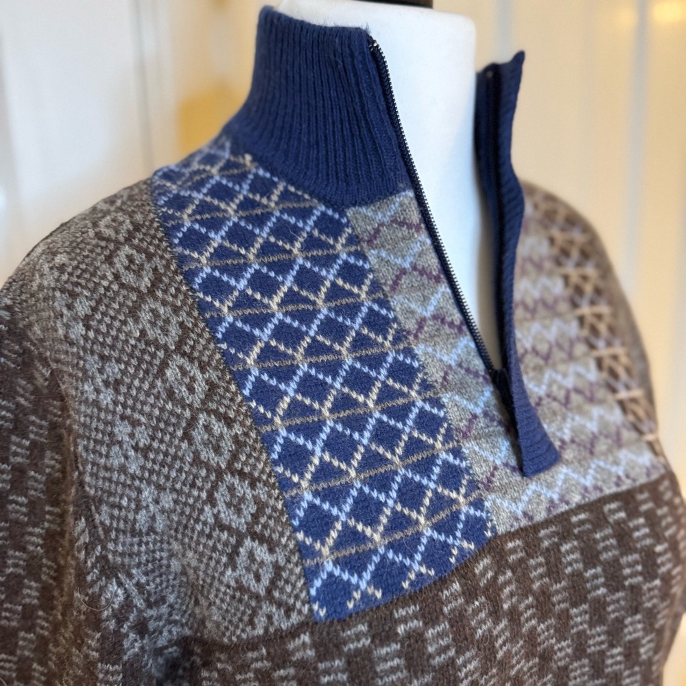 Vintage America Men's Blue and Brown Zip-Up Sweater